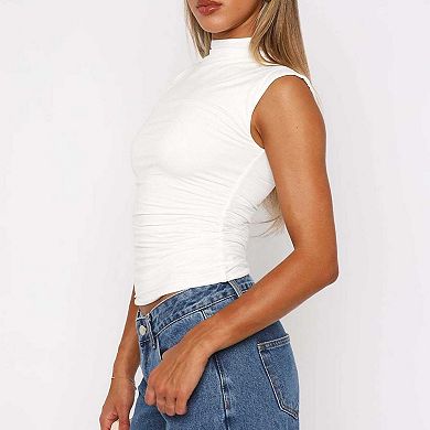 Women's Sleeveless High Neck Ruched Blouse, Slim Fit Minimalist Casual Top