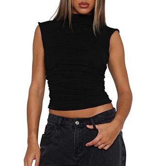 Women's Sleeveless High Neck Ruched Blouse, Slim Fit Minimalist Casual Top