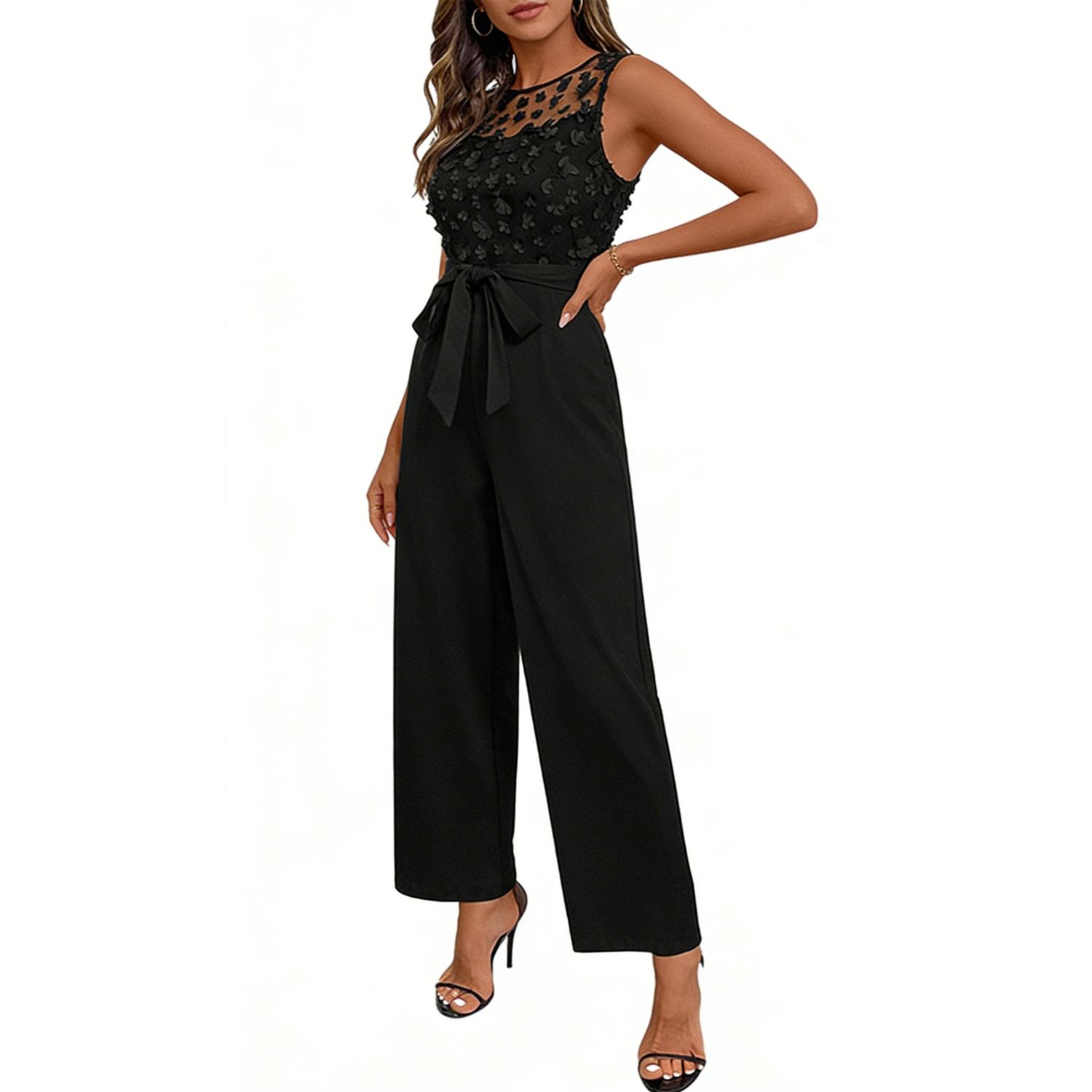 Женские комбинезоны Sleeveless Floral Applique Jumpsuit with Tie Waist Wide Leg Party Jumpsuit