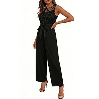 Women's Sleeveless Floral Applique Jumpsuit with Tie Waist Wide Leg Party Jumpsuit