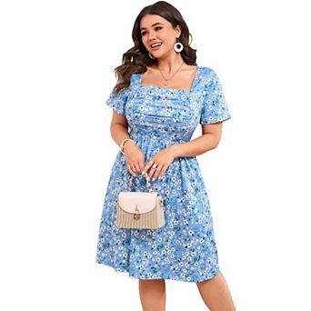 Women's Plus Size Square Neck Ruched Floral Midi Dress with Pockets Short Sleeve Casual Dress