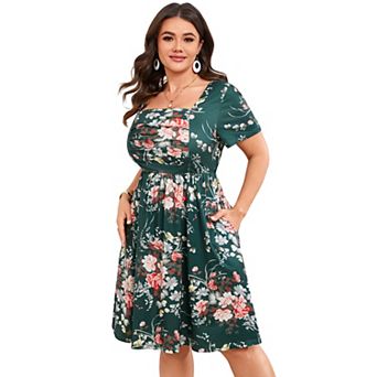 Women's Plus Size Square Neck Ruched Floral Midi Dress with Pockets Short Sleeve Casual Dress