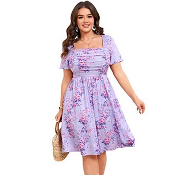 Women's Plus Size Square Neck Ruched Floral Midi Dress with Pockets Short Sleeve Casual Dress