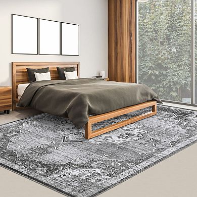 Washable Floor Cover Traditional Soft Thin Accent Rug Vintage Low Pile Distressed Indoor Carpet