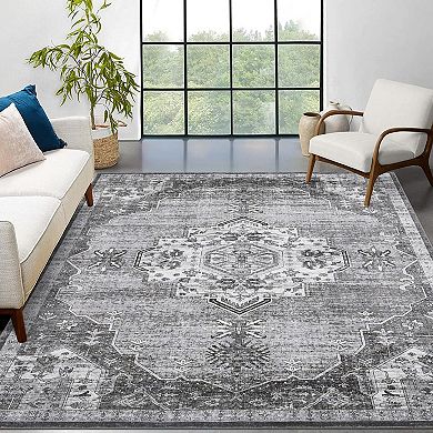 Washable Floor Cover Traditional Soft Thin Accent Rug Vintage Low Pile Distressed Indoor Carpet