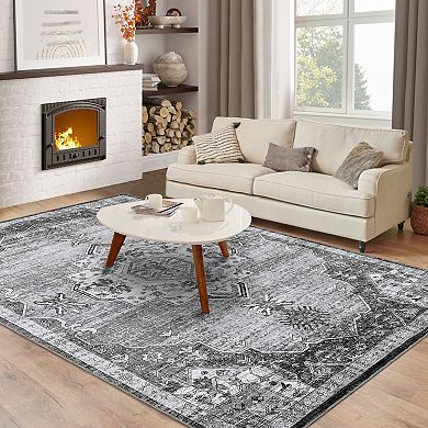 Washable Floor Cover Traditional Soft Thin Accent Rug Vintage Low Pile Distressed Indoor Carpet