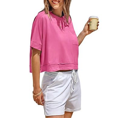 Womens Oversized Crop Tops Workout Short Sleeve Summer Casual Loose Fit Basic T Shirts with Pockets