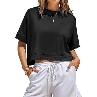 Womens Oversized Crop Tops Workout Short Sleeve Summer Casual Loose Fit Basic T Shirts with Pockets