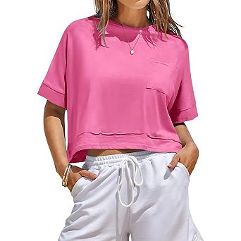 Womens Oversized Crop Tops Workout Short Sleeve Summer Casual Loose Fit Basic T Shirts with Pockets