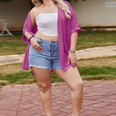 Women's Plus Size Sheer Knit Cardigan Open Front Short Sleeve Lightweight Cover-Up