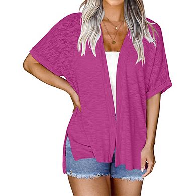 Women's Plus Size Sheer Knit Cardigan Open Front Short Sleeve Lightweight Cover-Up