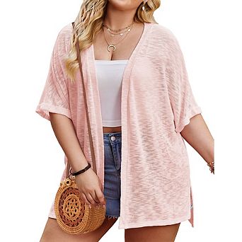 Women's Plus Size Sheer Knit Cardigan Open Front Short Sleeve Lightweight Cover-Up