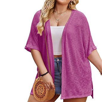 Women's Plus Size Sheer Knit Cardigan Open Front Short Sleeve Lightweight Cover-Up