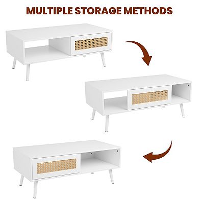 Coffee Table with Storage, Accent Center Table with Sliding PE Rattan Woven Door Panel and Wood Legs