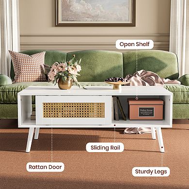 Coffee Table with Storage, Accent Center Table with Sliding PE Rattan Woven Door Panel and Wood Legs