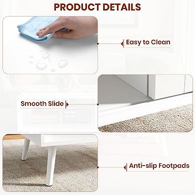 Coffee Table with Storage, Accent Center Table with Sliding PE Rattan Woven Door Panel and Wood Legs