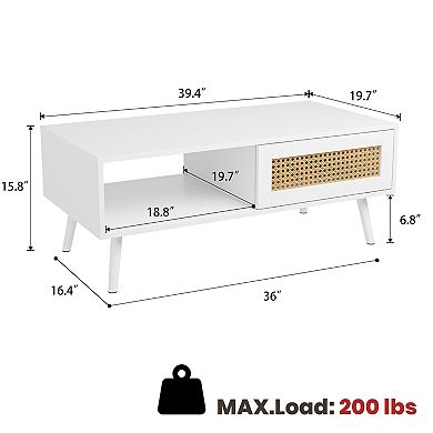 Coffee Table with Storage, Accent Center Table with Sliding PE Rattan Woven Door Panel and Wood Legs