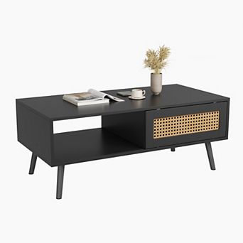 Coffee Table with Storage, Accent Center Table with Sliding PE Rattan Woven Door Panel and Wood Legs