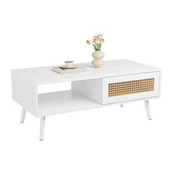 Coffee Table with Storage, Accent Center Table with Sliding PE Rattan Woven Door Panel and Wood Legs