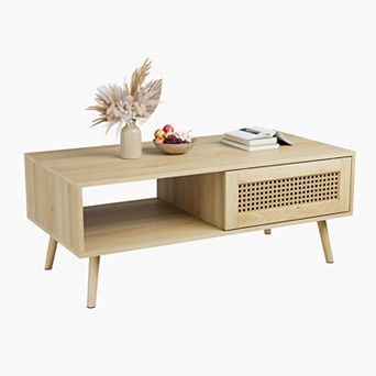 Coffee Table with Storage, Accent Center Table with Sliding PE Rattan Woven Door Panel and Wood Legs