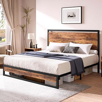 Bed Frame with Wood Headboard and Footboard, with Under Bed Storage, No Box Spring Needed
