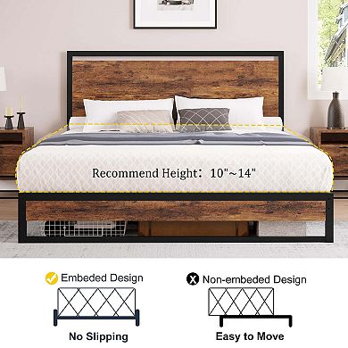 Bed Frame with Wood Headboard and Footboard, with Under Bed Storage, No Box Spring Needed