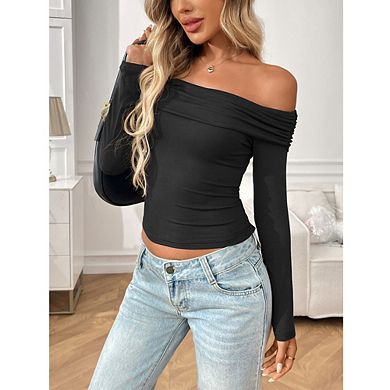 Womens Pleated Off Shoulder Tops Long Sleeve Shirts Going Out Crop Top Slim Fitted Basic Y2K
