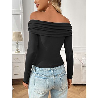 Womens Pleated Off Shoulder Tops Long Sleeve Shirts Going Out Crop Top Slim Fitted Basic Y2K