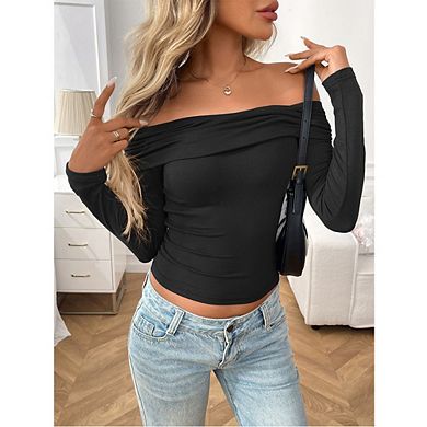Womens Pleated Off Shoulder Tops Long Sleeve Shirts Going Out Crop Top Slim Fitted Basic Y2K