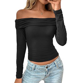 Womens Pleated Off Shoulder Tops Long Sleeve Shirts Going Out Crop Top Slim Fitted Basic Y2K