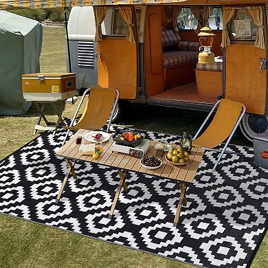 Plastic Straw Area Rug, Geometric RV Mat for Patio Porch Balcony Backyard Beach Camping Picnic Deck