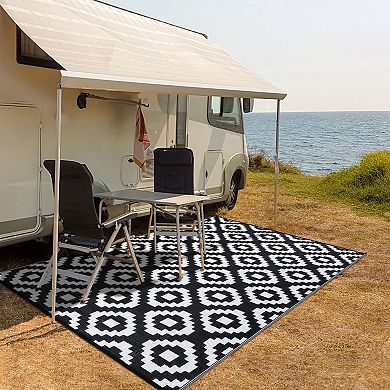 Plastic Straw Area Rug, Geometric RV Mat for Patio Porch Balcony Backyard Beach Camping Picnic Deck