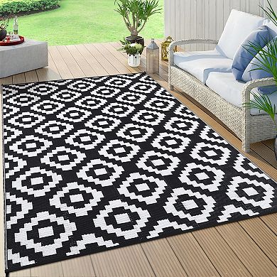 Plastic Straw Area Rug, Geometric RV Mat for Patio Porch Balcony Backyard Beach Camping Picnic Deck