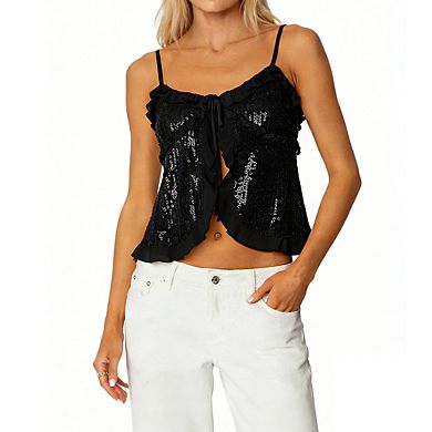 Women's Ruffled Sequin Cami Adjustable Straps Front Tie Semi Sheer Tops