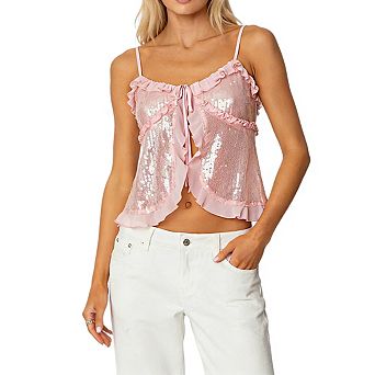 Women's Ruffled Sequin Cami Adjustable Straps Front Tie Semi Sheer Tops