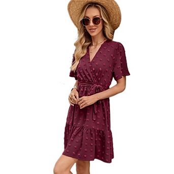 Womens Short Sleeve Wrap Dress Swiss Dot Tie Waist V Neck Ruffle Hem for Casual Party