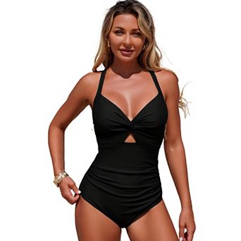 Women's Twist Front Cutout One Piece Swimsuit with Ring Back Detail Bathing Suit