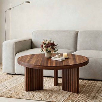 Round Coffee Table, 33.5" Coffee Table for Living Room, Wood Center Table, Small Space