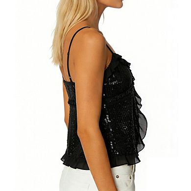 Women's Sequin Cami Top Ruffle Trim Adjustable Spaghetti Straps Front Tie Shirts