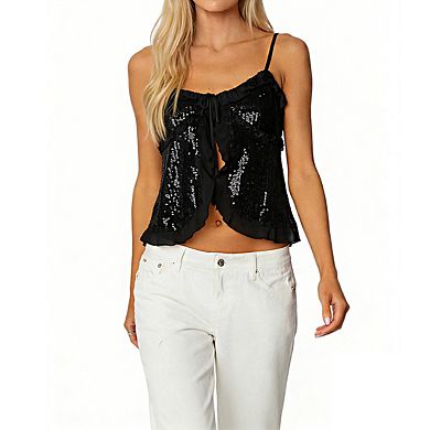 Women's Sequin Cami Top Ruffle Trim Adjustable Spaghetti Straps Front Tie Shirts