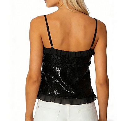 Women's Sequin Cami Top Ruffle Trim Adjustable Spaghetti Straps Front Tie Shirts