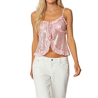 Women's Sequin Cami Top Ruffle Trim Adjustable Spaghetti Straps Front Tie Shirts