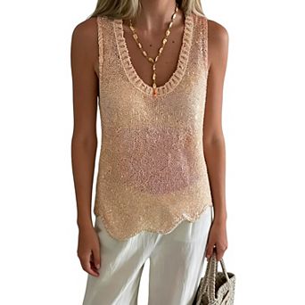 Women's Sequin Knit Tank Top V Neck Scalloped Hem Casual Summer Top