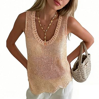 Women's Sequin Knit Tank Top V Neck Scalloped Hem Casual Summer Top