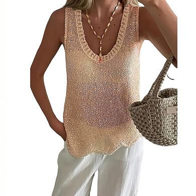 Women's Sequin Knit Tank Top V Neck Scalloped Hem Casual Summer Top
