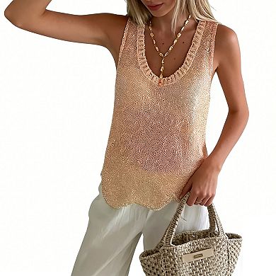 Women's Sequin Knit Tank Top V Neck Scalloped Hem Casual Summer Top