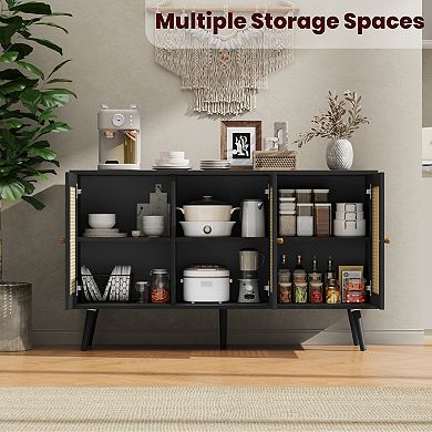 Rattan Storage Cabinet with 3 Doors, Boho Sideboard Buffet Cabinet Wood Farmhouse Credenza Cabinet