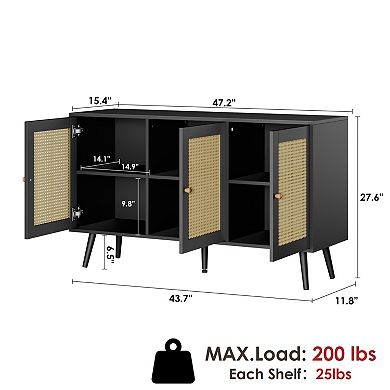 Rattan Storage Cabinet with 3 Doors, Boho Sideboard Buffet Cabinet Wood Farmhouse Credenza Cabinet