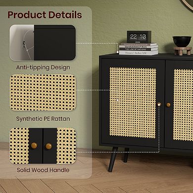 Rattan Storage Cabinet with 3 Doors, Boho Sideboard Buffet Cabinet Wood Farmhouse Credenza Cabinet