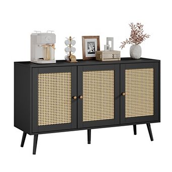 Rattan Storage Cabinet with 3 Doors, Boho Sideboard Buffet Cabinet Wood Farmhouse Credenza Cabinet